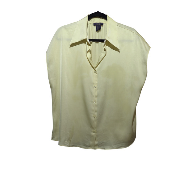 Rachel Roy Button Up Shirt Butter Yellow Cap Sleeve Collared Lagenlook Sz L EUC - Picture 1 of 10